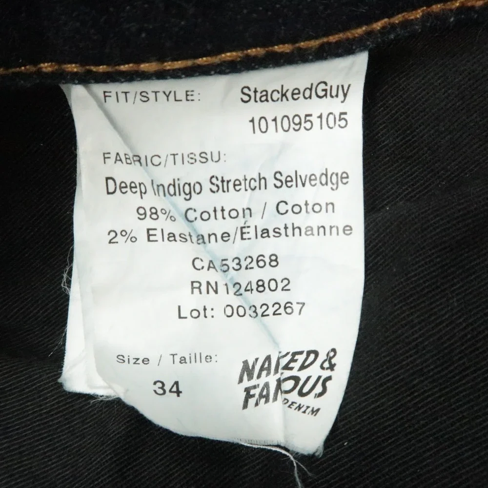 Naked Famous Jeans Mens 34x25 Blue Stacked Guy Deep Indigo Stretch Selvedge